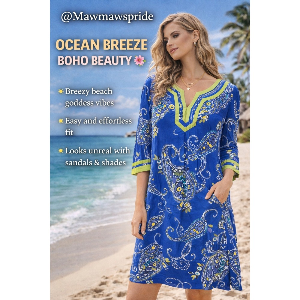 Charter Club Blue Paisley Rayon Tunic Dress Boho Beach Resort Large